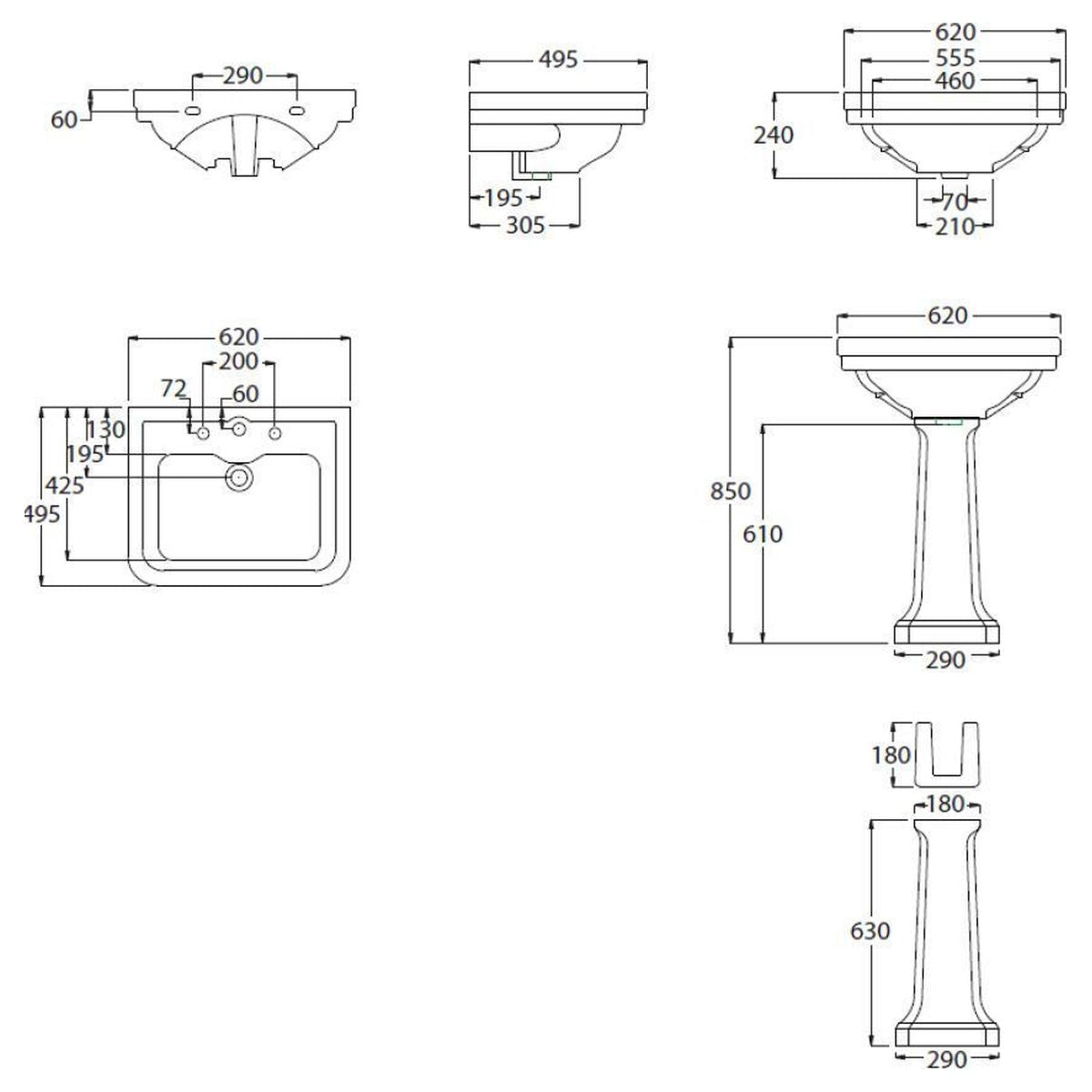 Stafford 62X50 Basin & Pedestal - 3 Taphole