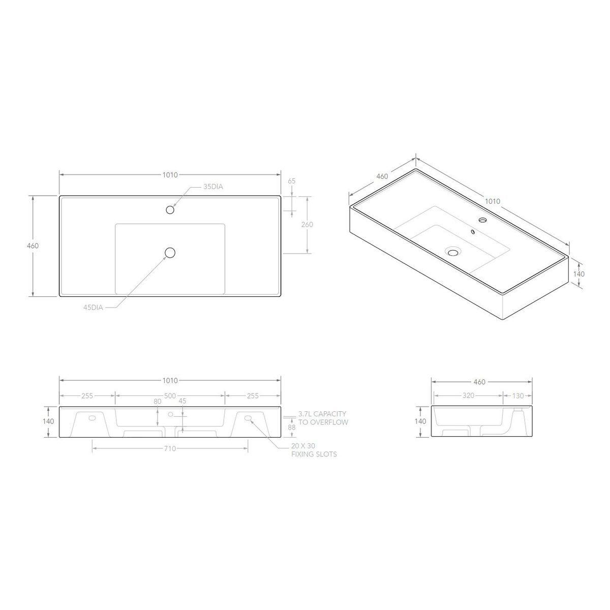 Teorema Wall Basin 1000 - No Taphole, Centre