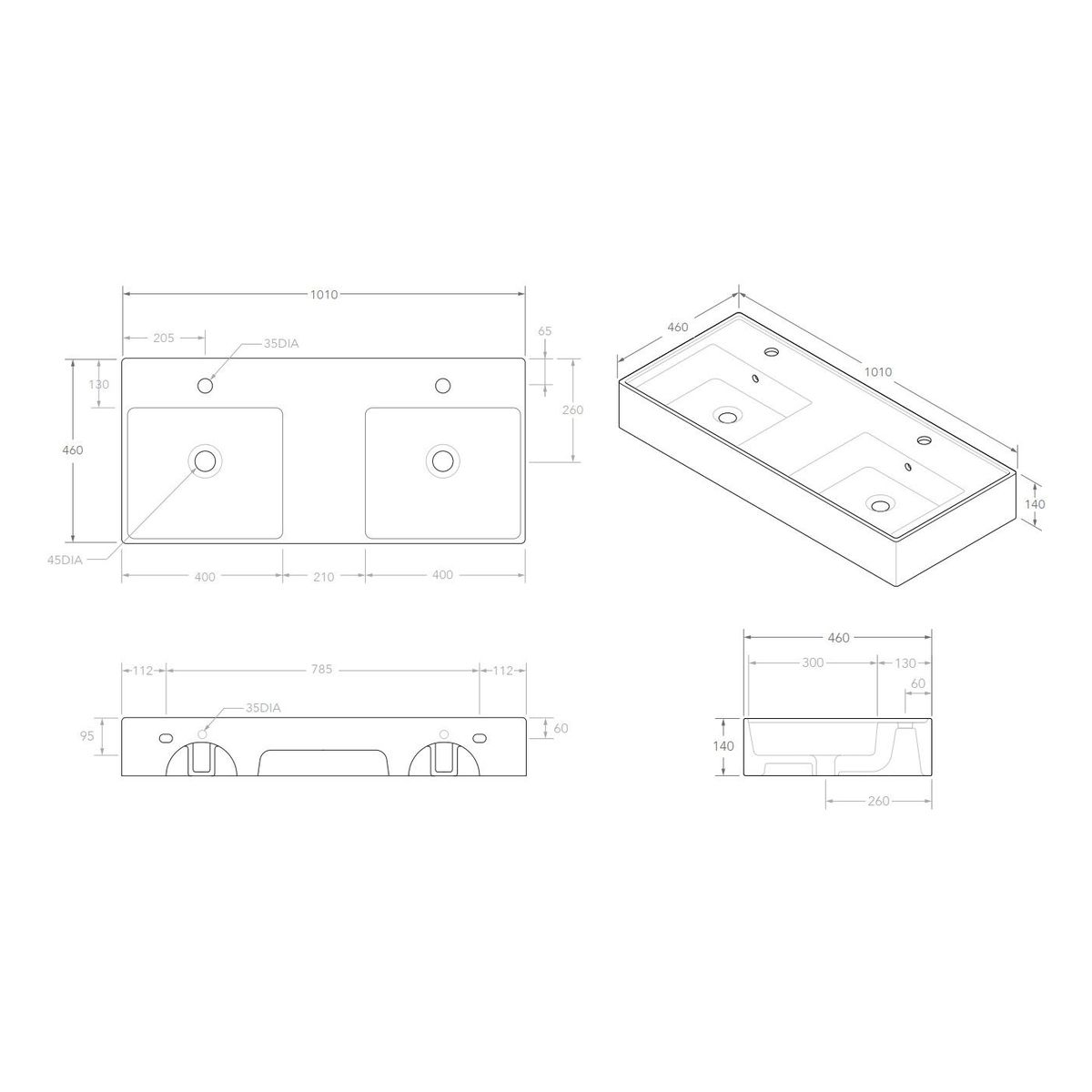 Teorema Wall Basin 1000 - No Taphole, Double