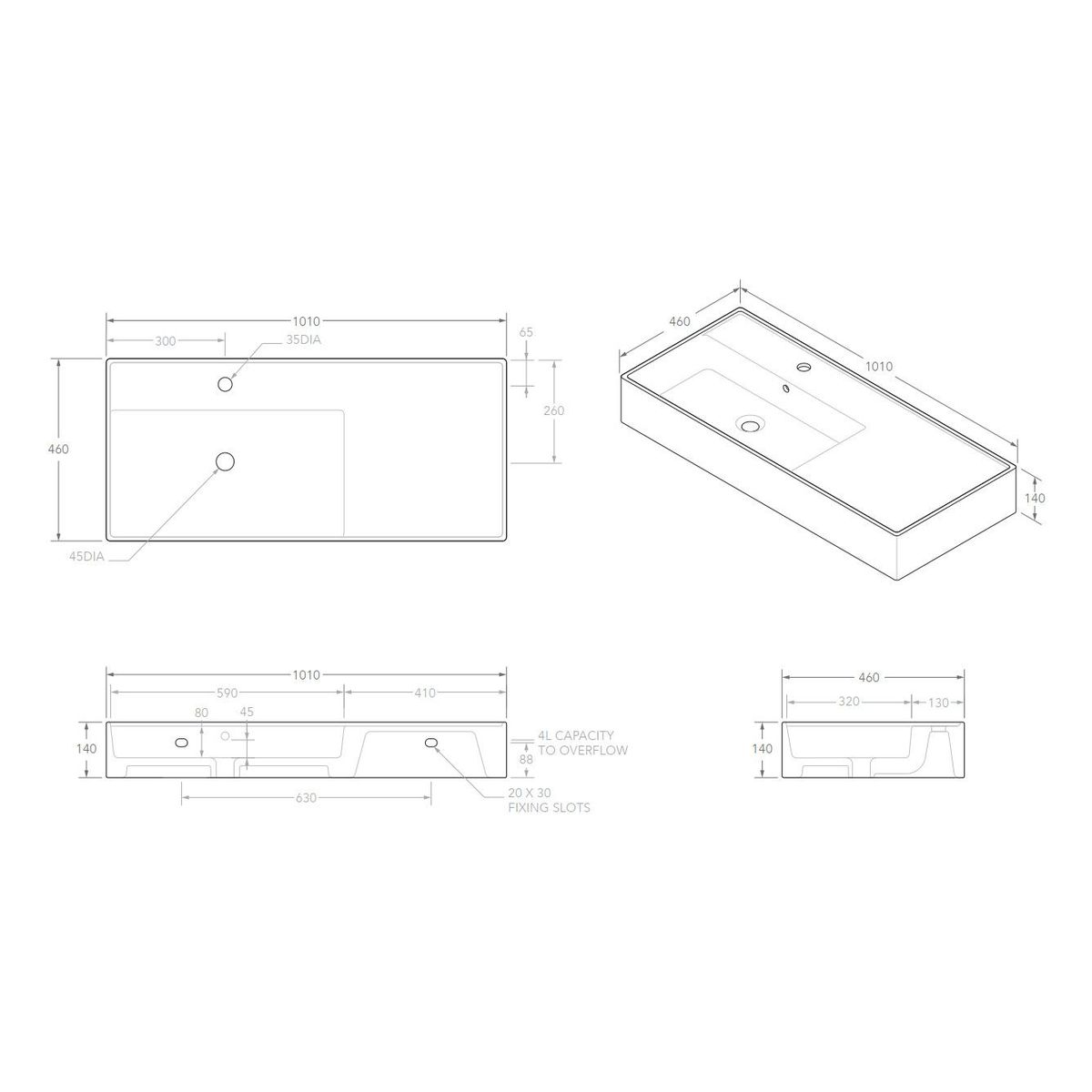 Teorema Wall Basin 1000 - No Taphole, Right Offset