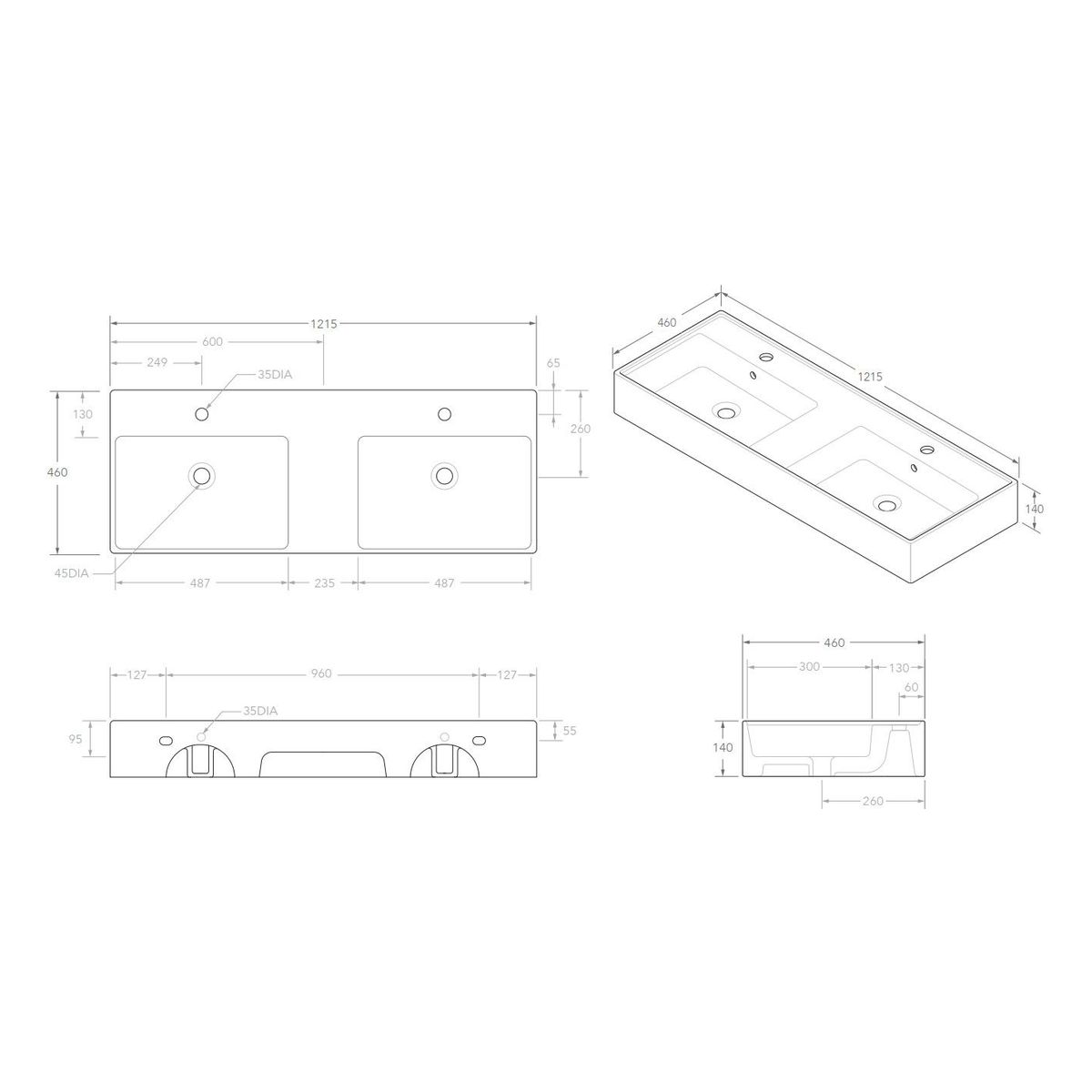 Teorema Wall Basin 1200 - No Taphole, Double