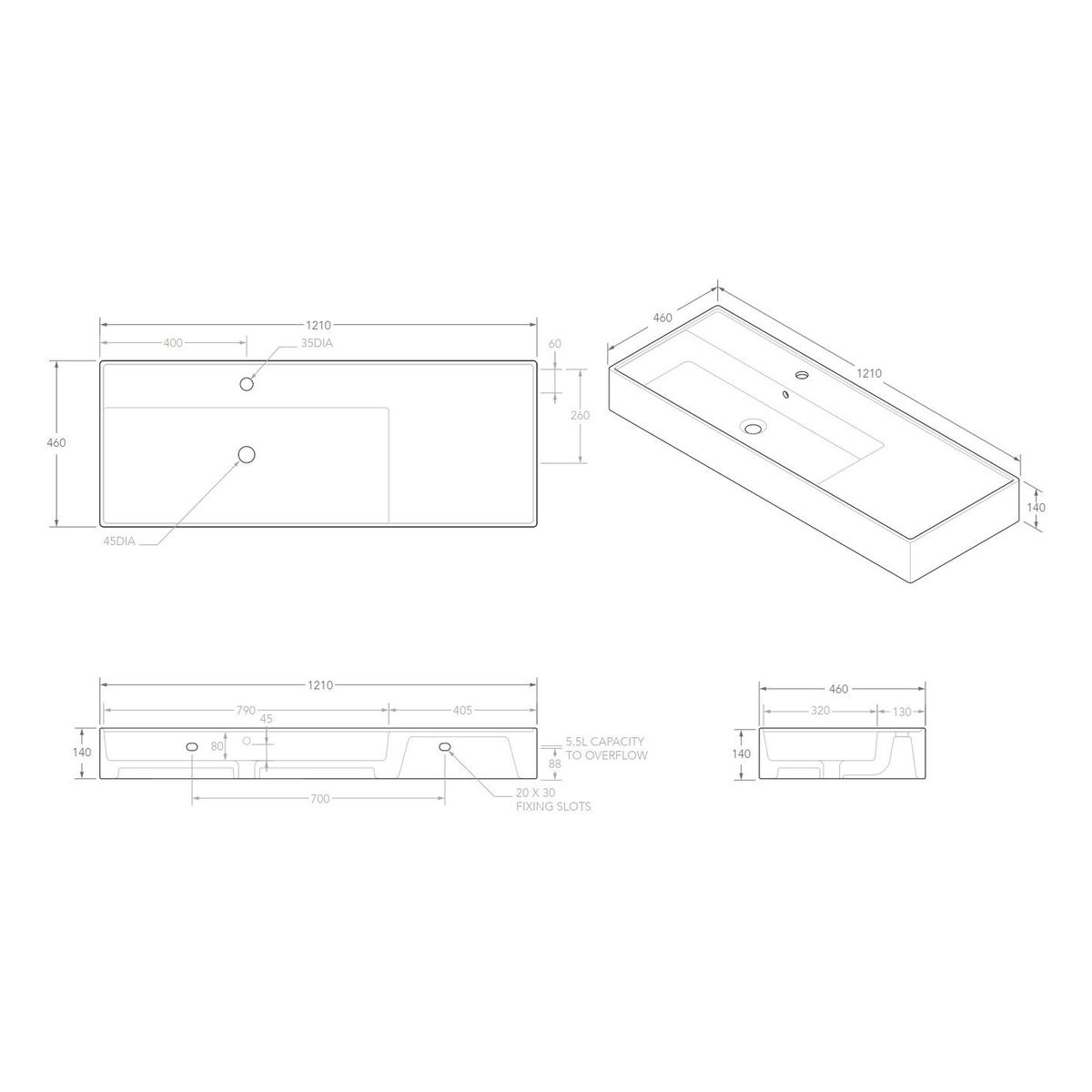 Teorema Wall Basin 1200 - No Taphole, Left Offset