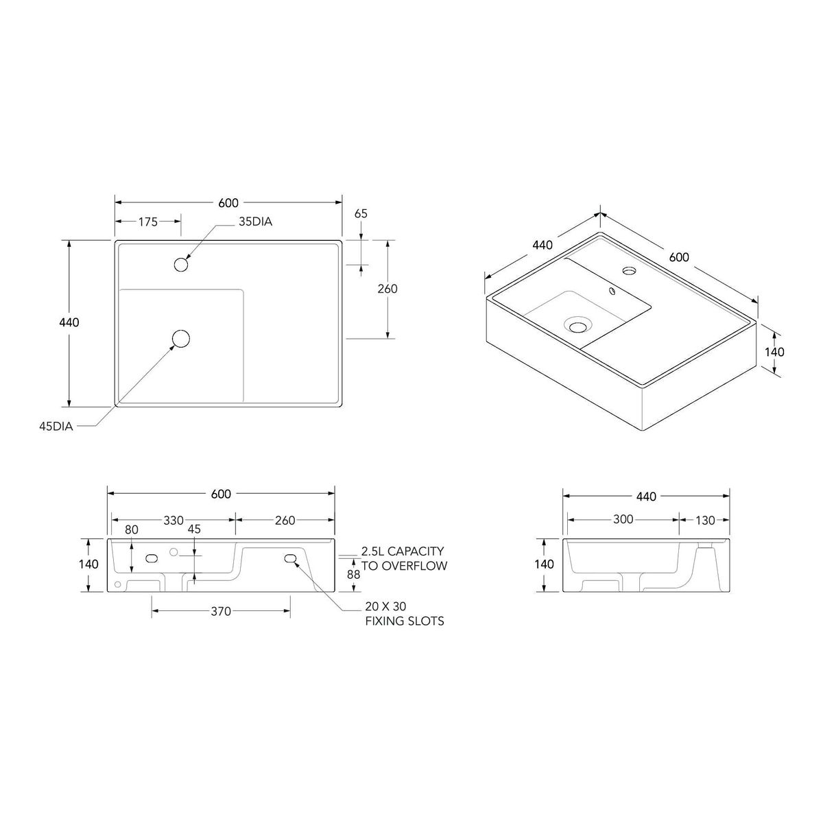 Teorema Wall Basin 600 - No Taphole, Right Offset