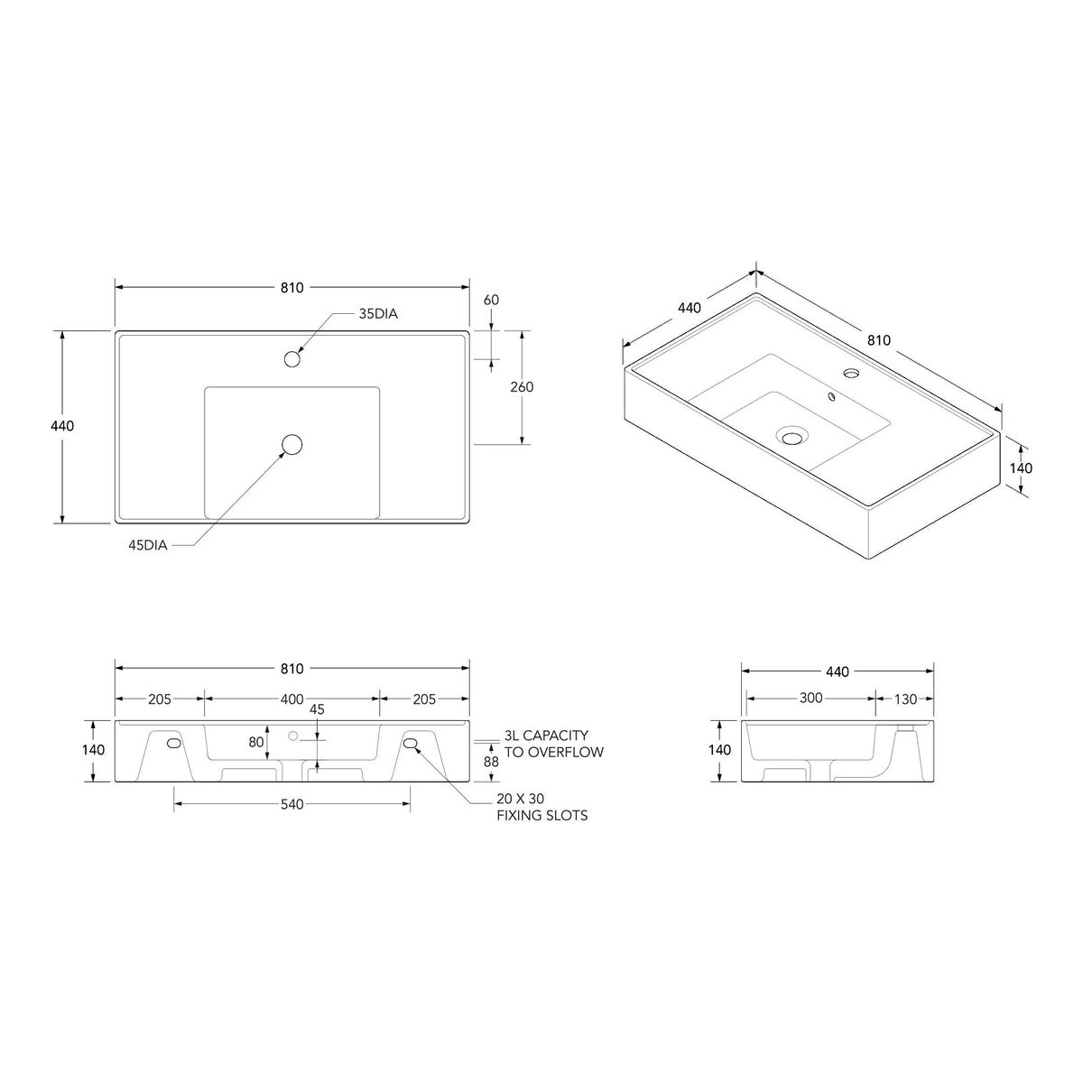 Teorema Wall Basin 800 - No Taphole, Centre