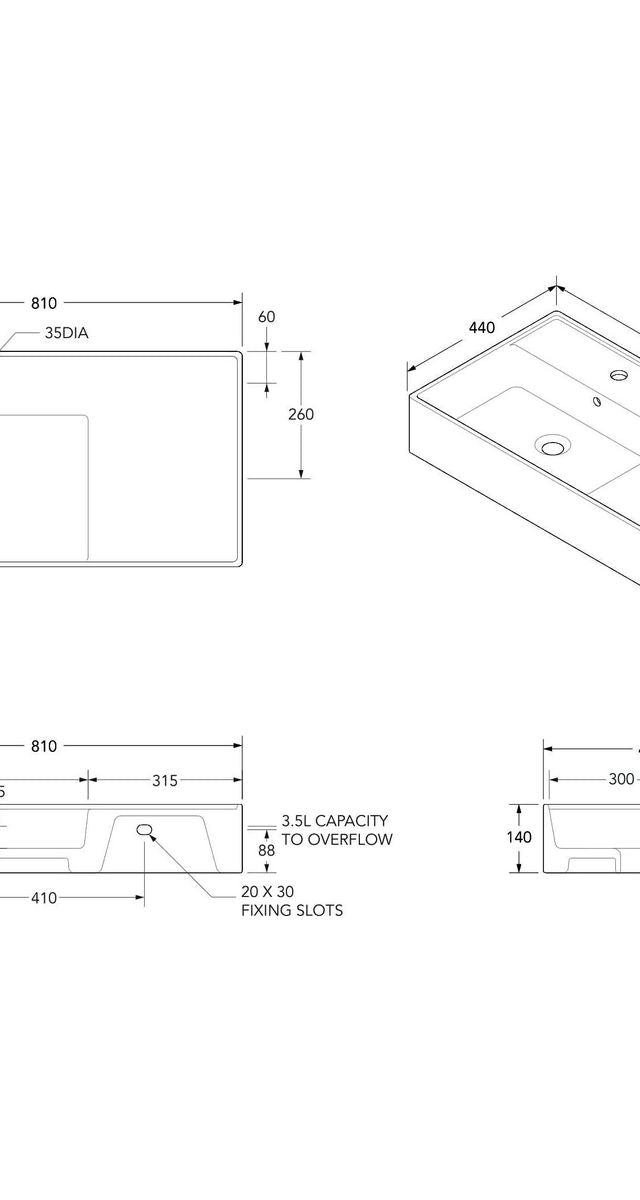 Teorema Wall Basin 800 - No Taphole, Left Offset