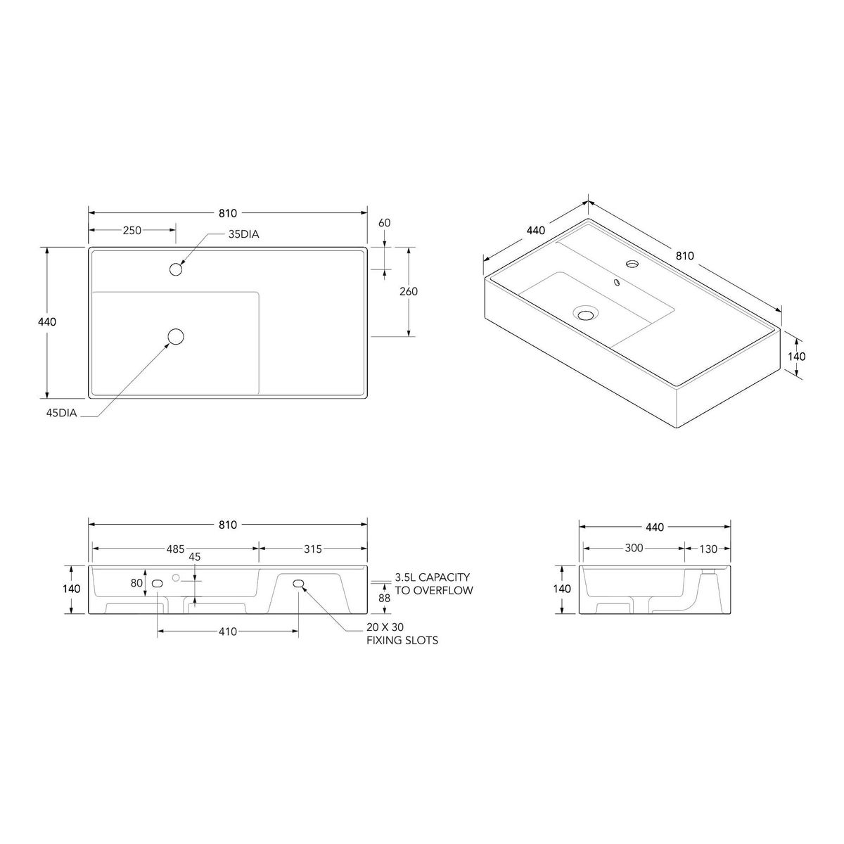 Teorema Wall Basin 800 - No Taphole, Right Offset