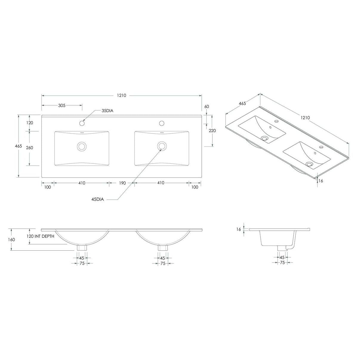 Glacier Ceramic Moulded Top 1200mm Double Bowl 0 Tap Hole in Gloss White