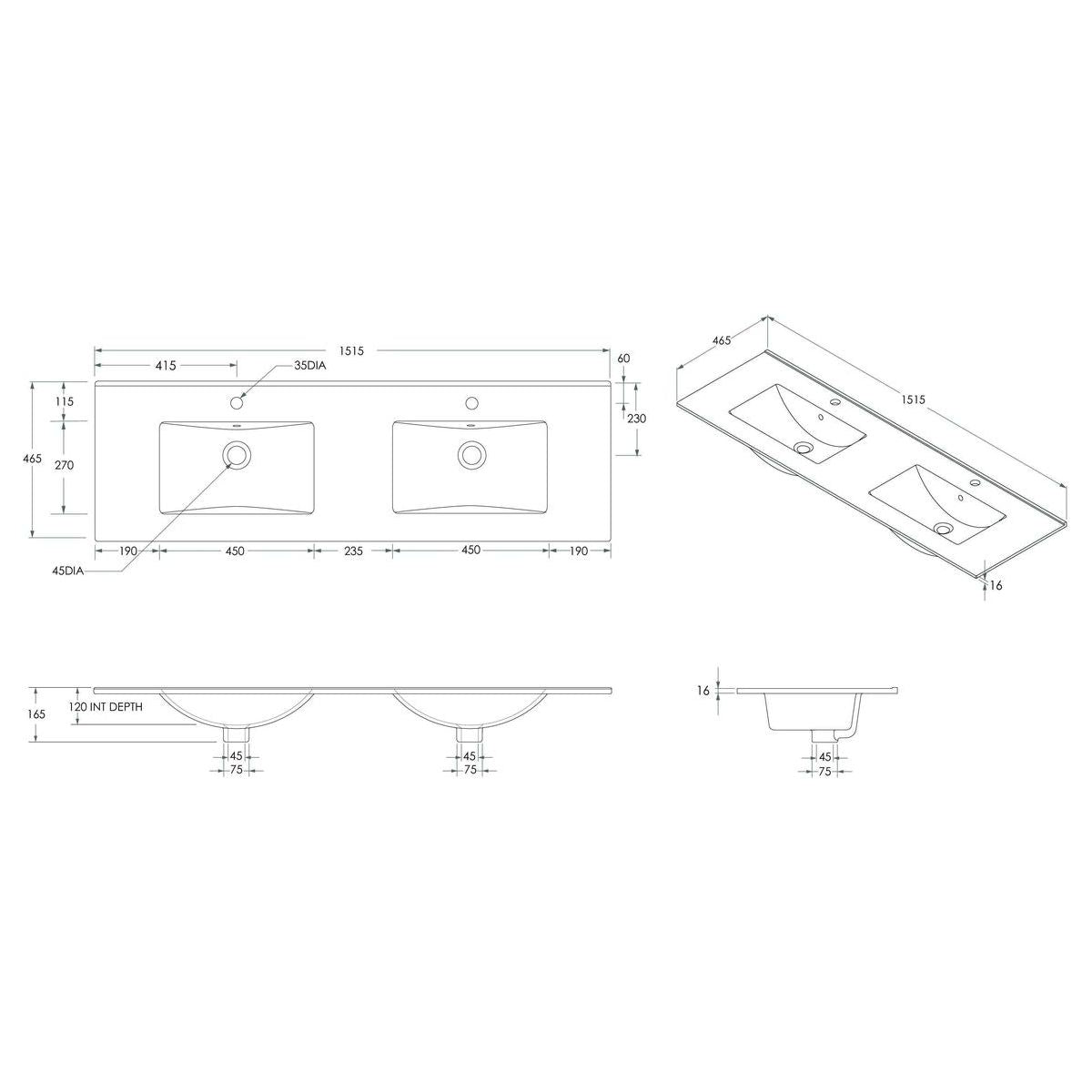 Glacier Ceramic Moulded Top 1500mm Double Bowl 0 Tap Hole in Gloss White