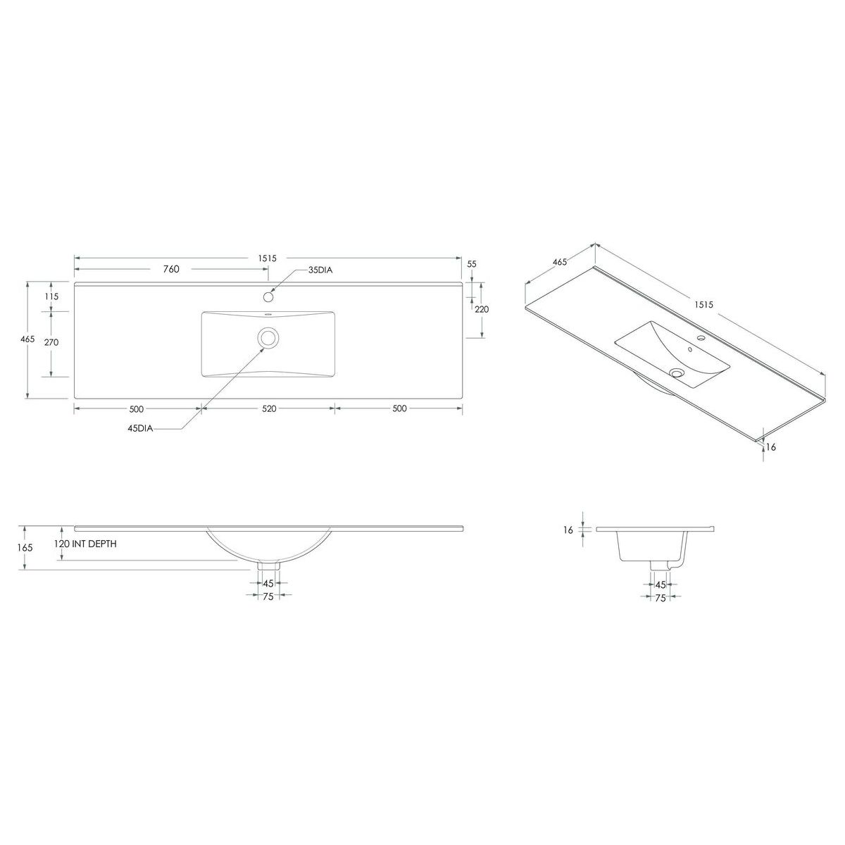 Glacier Ceramic Moulded Top 1500mm Centre Bowl 1 Tap Hole in Gloss White