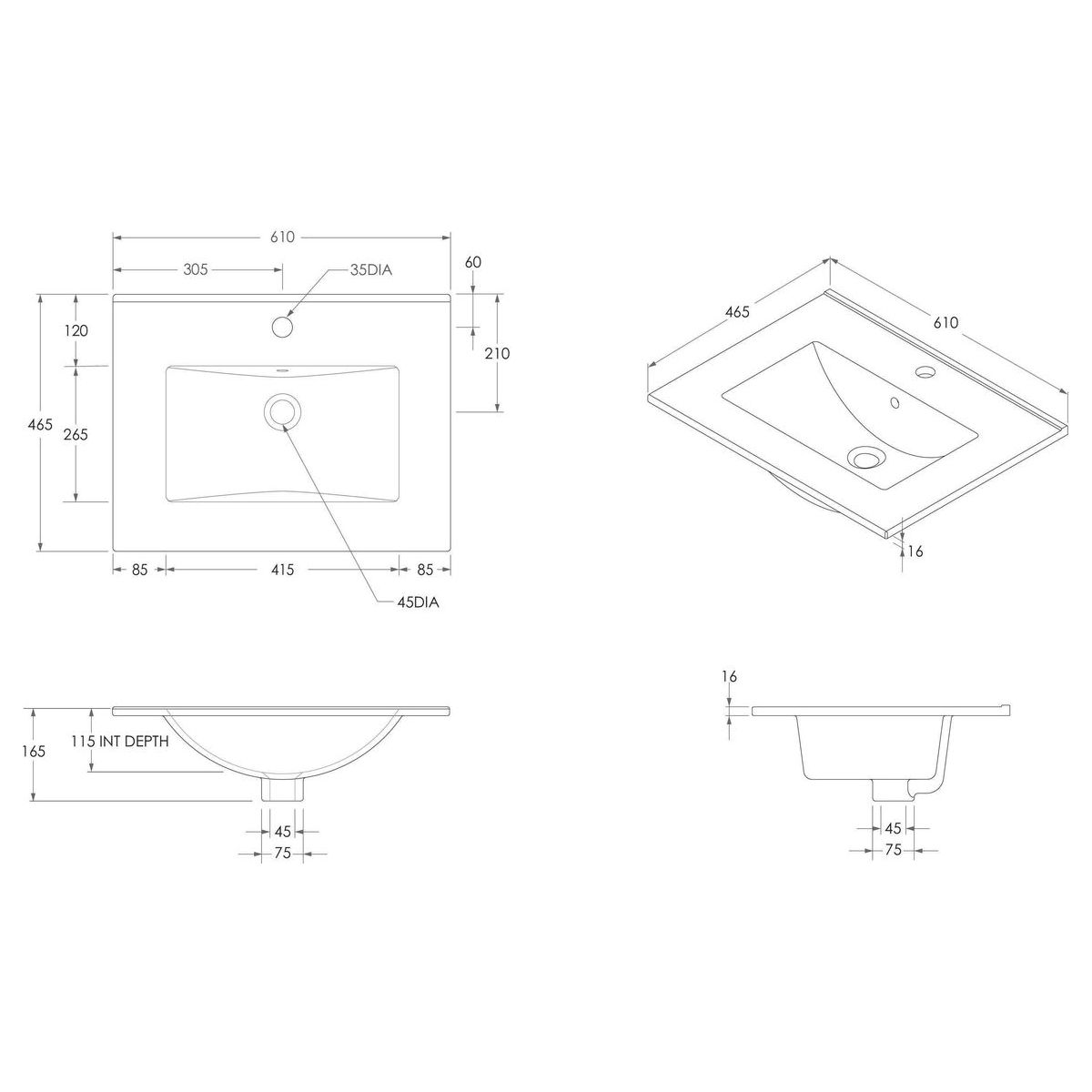 Glacier Ceramic Moulded Top 600mm Centre Bowl 1 Tap Hole in Gloss White