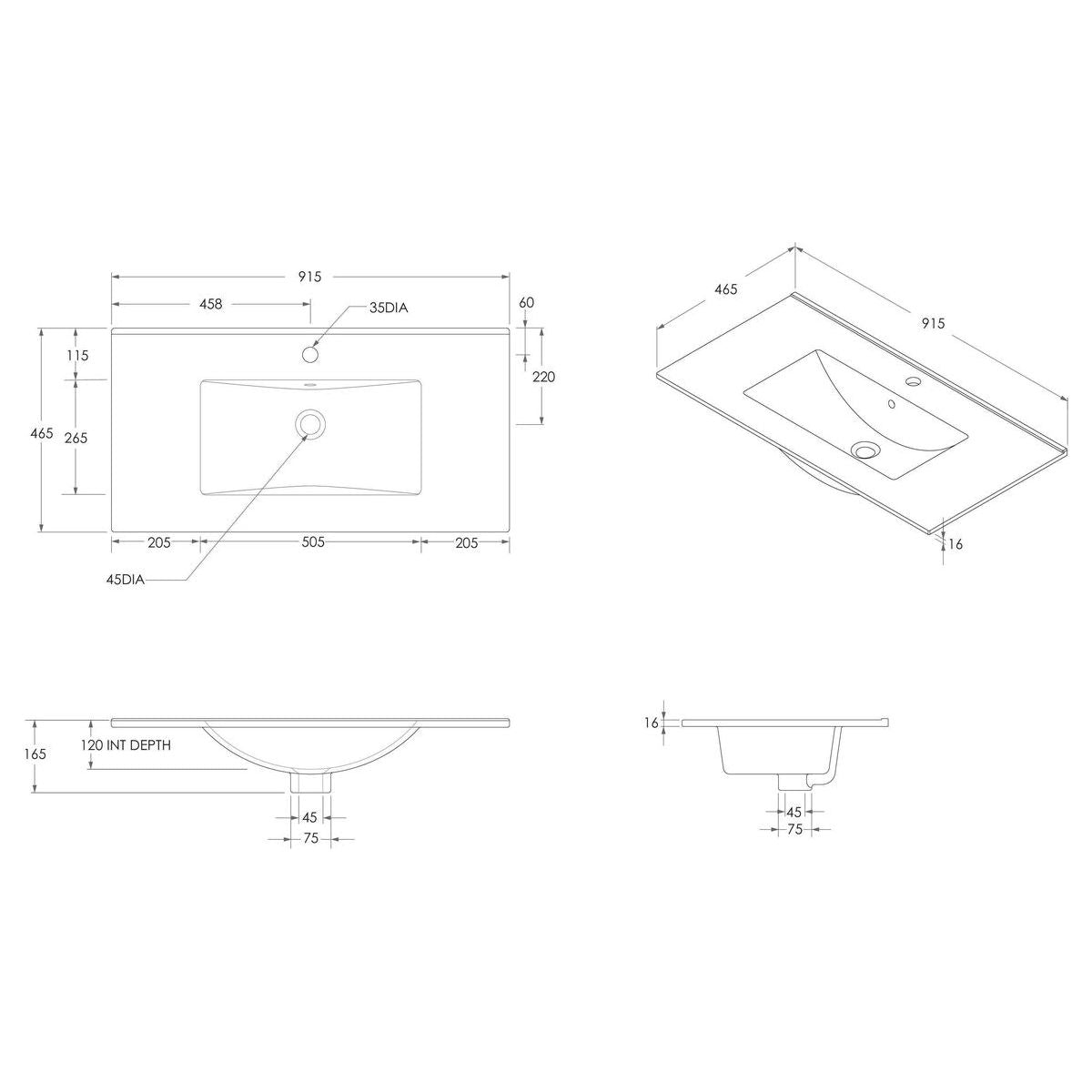 Glacier Ceramic Moulded Top 900mm Centre Bowl 1 Tap Hole in Gloss White