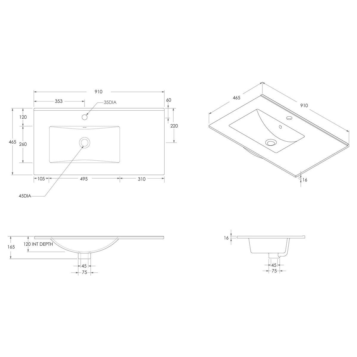 Glacier Ceramic Moulded Top 900mm Left Bowl 0 Tap Hole in Gloss White