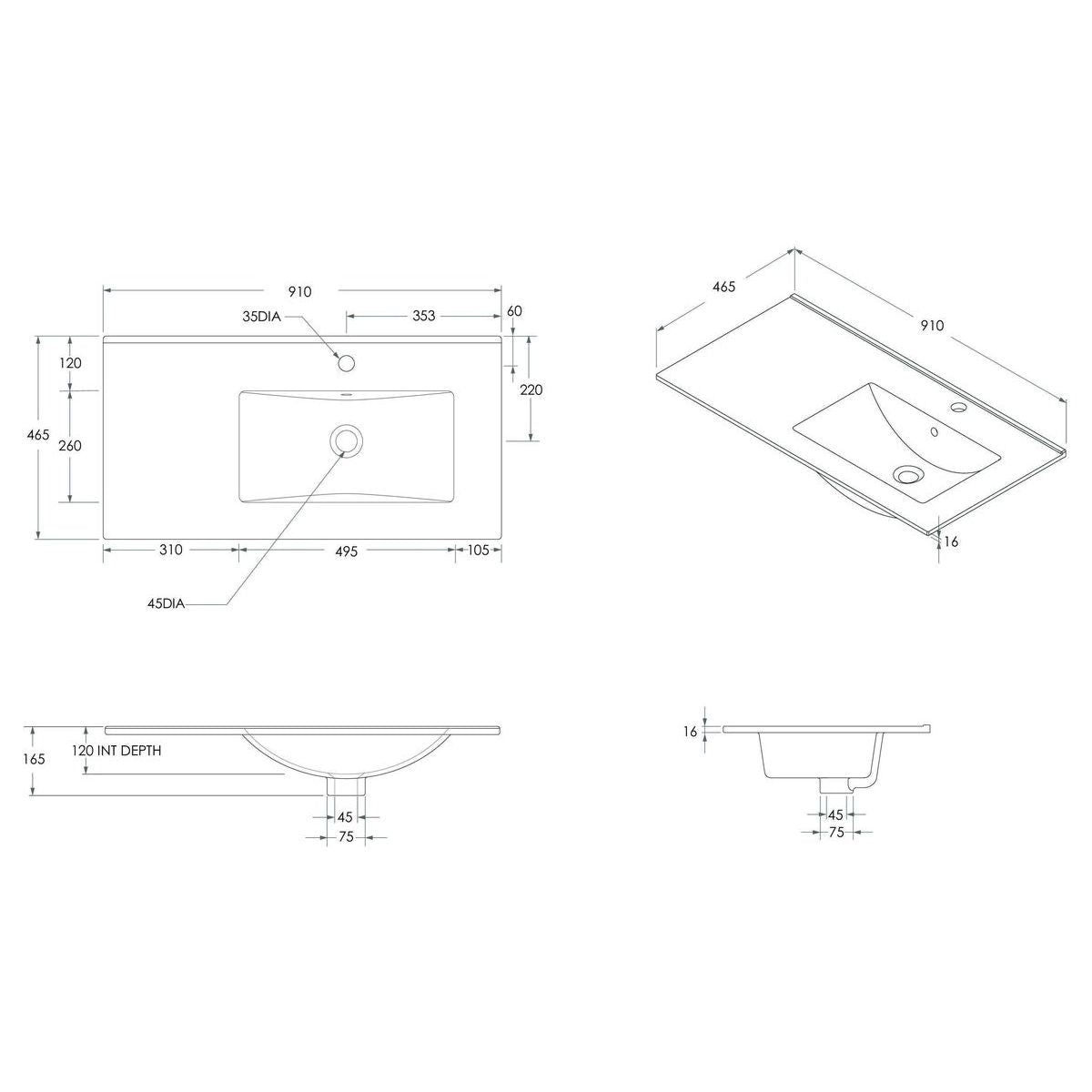 Glacier Ceramic Moulded Top 900mm Right Bowl 1 Tap Hole in Gloss White