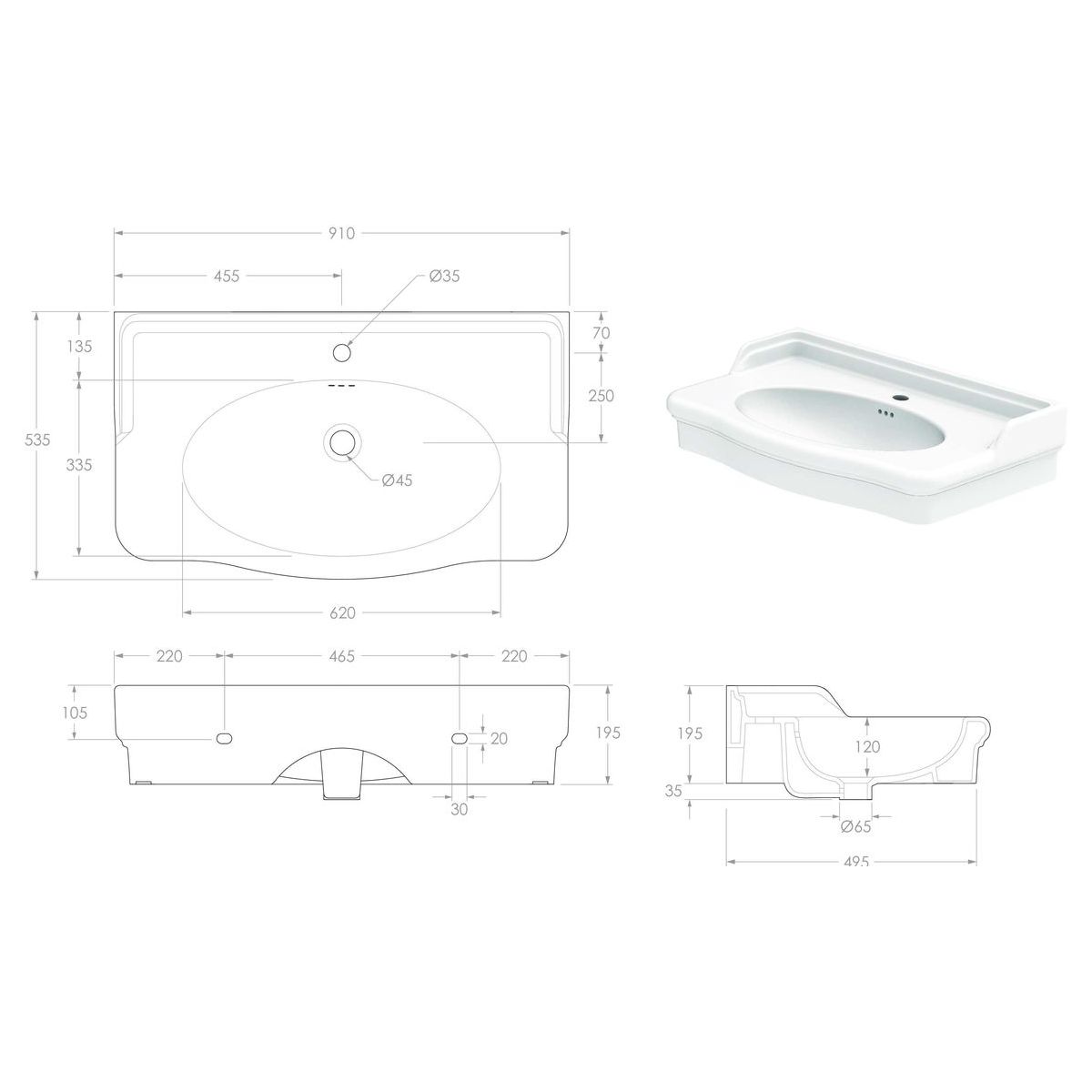 Castellana Wall Hung Basin 900mm in Gloss White