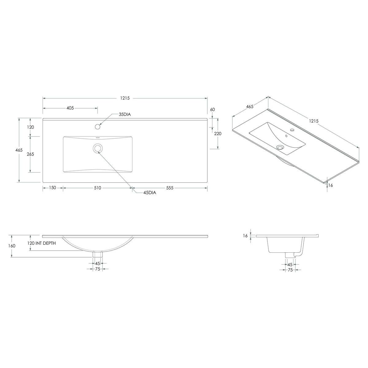 Glacier Ceramic Moulded Top 1200mm Left Bowl 1 Tap Hole in Gloss White