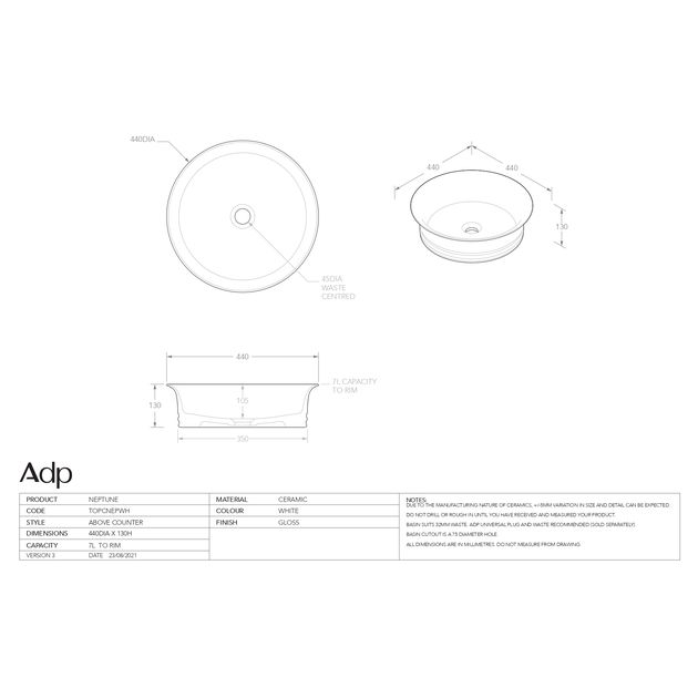 Neptune Above Counter Basin - Gloss White