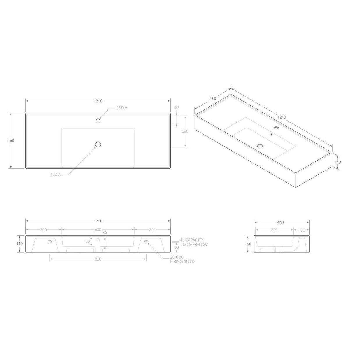 Teorema 1200 Wall Hung Basin Centre in Gloss White