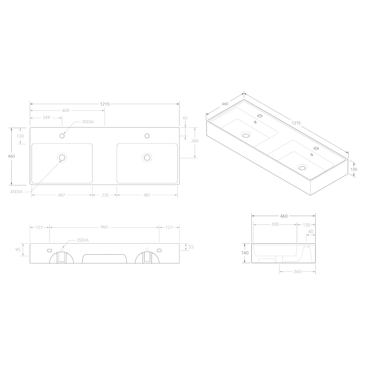 Teorema 1200 Wall Hung Basin Double Bowl in Gloss White