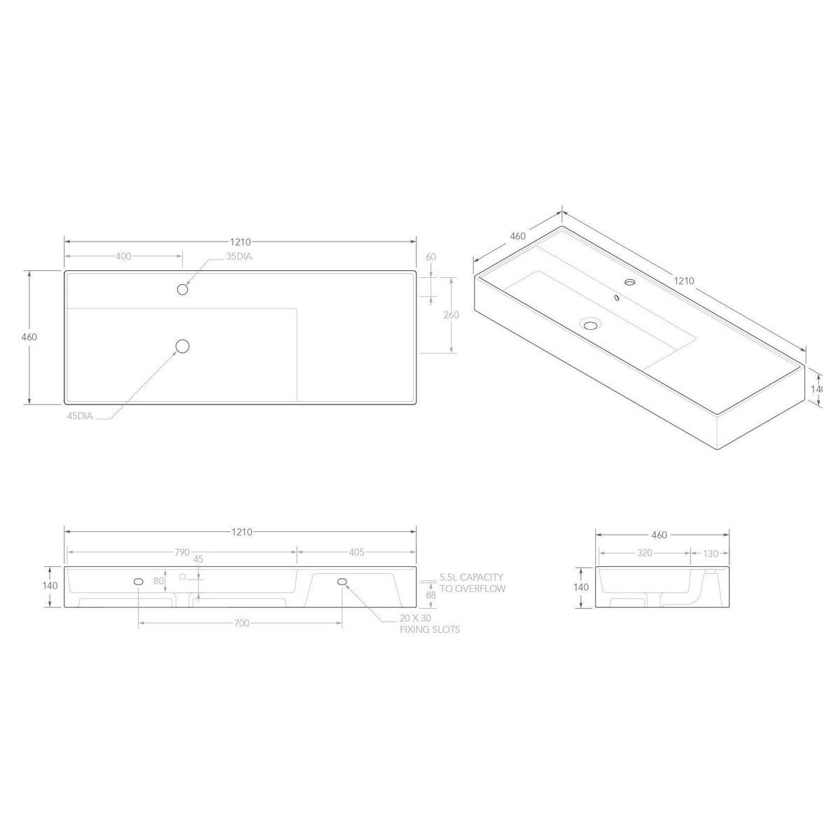 Teorema 1200 Wall Hung Basin Left Offset in Gloss White
