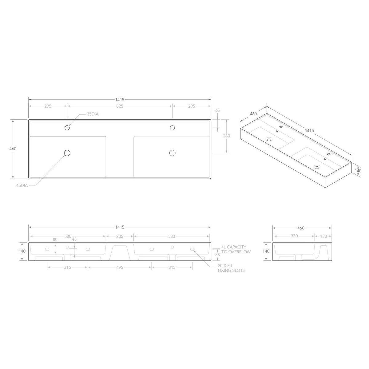 Teorema 1400 Wall Hung Basin Double in Gloss White