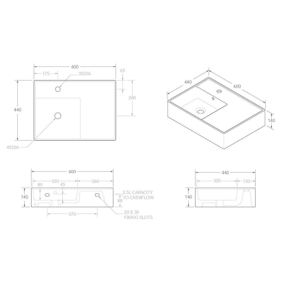 Teorema 600 Wall Hung Basin Right Offset in Gloss White