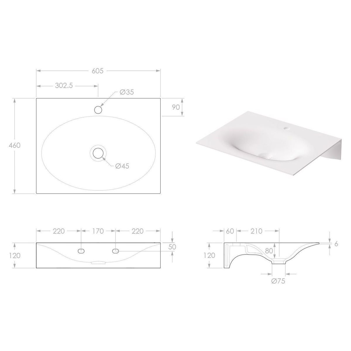 Veil Wall Hung Basin 0 Tap Hole in Matte Pearl