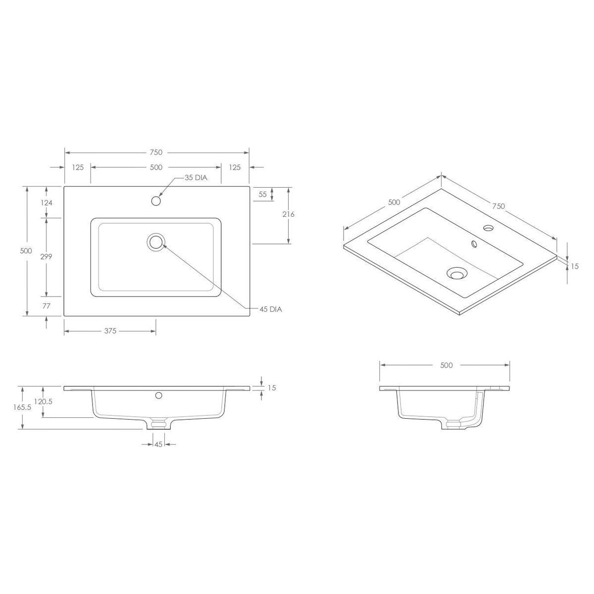 Glacier Cast Marble Moulded Top 750mm Centre Bowl 0 Tap Hole in Gloss White