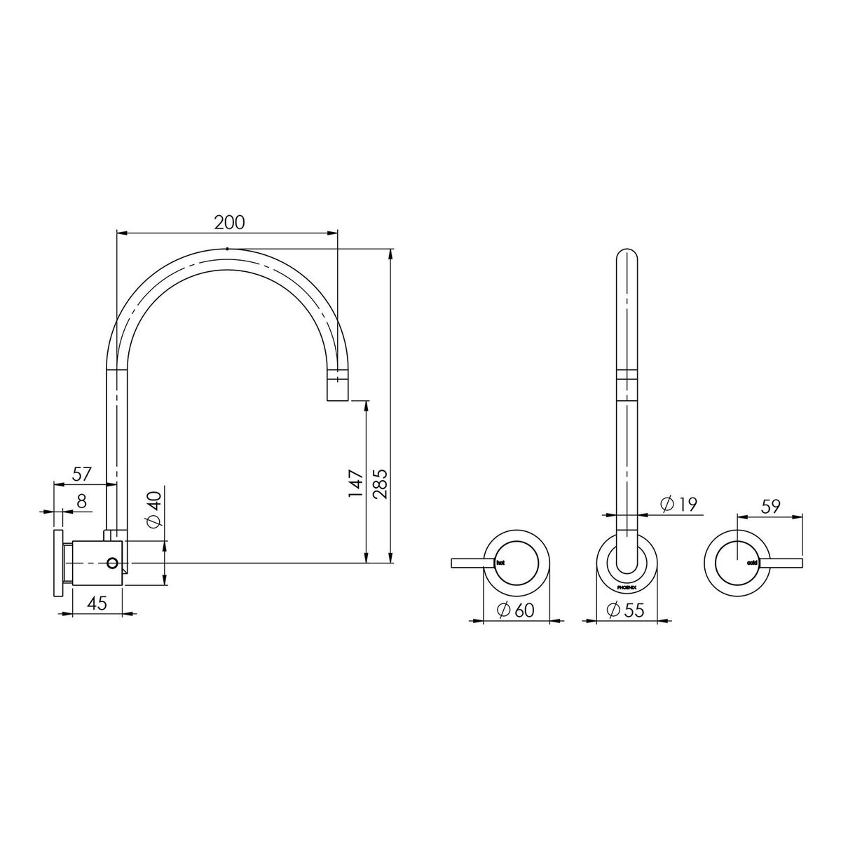 Vivid Pin Lever Wall Sink Set Gooseneck, Lead Free