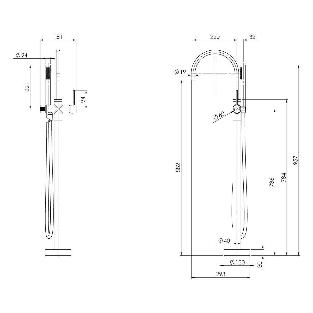 Vivid Slimline Floor Mounted Bath Mixer with Hand Shower - Brushed Gold