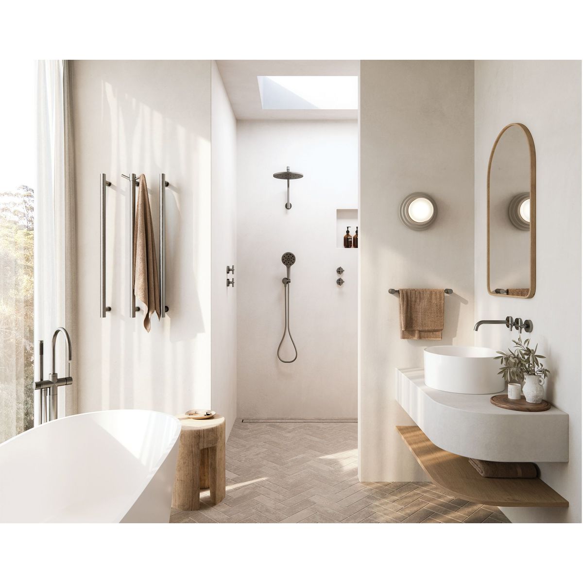 Vivid Slimline Floor Mounted Bath Mixer with Hand Shower - Brushed Carbon
