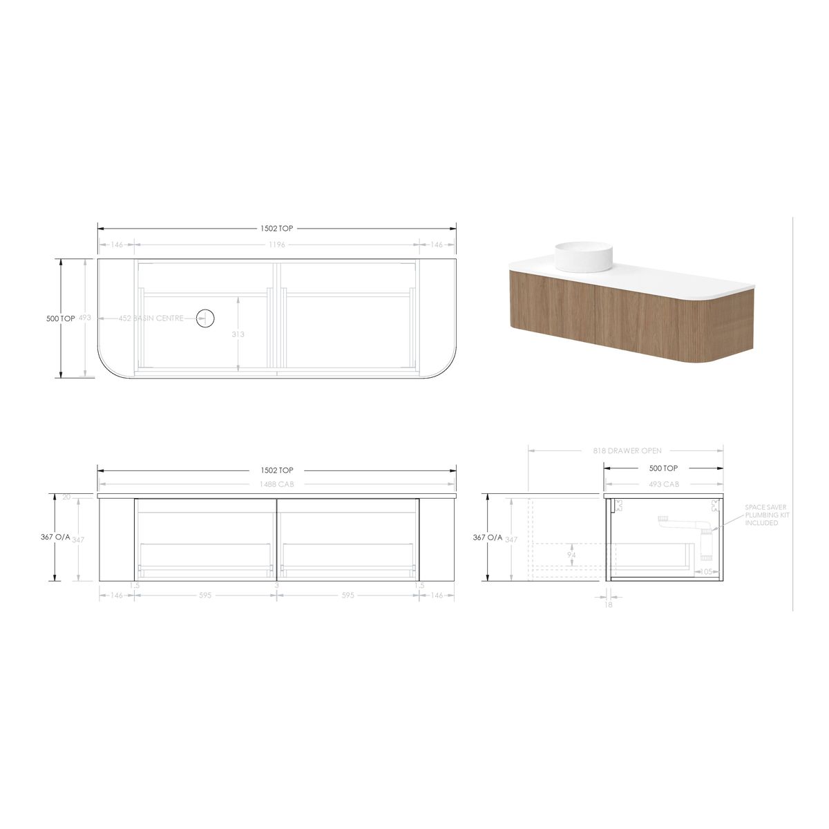 Waverley 1500mm Tasmanian Oak Woodmatt Wall Hung Cabinet, Left Offset Bowl