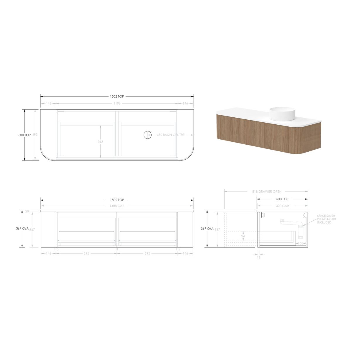Waverley 1500mm Tasmanian Oak Woodmatt Wall Hung Cabinet, Right Offset Bowl