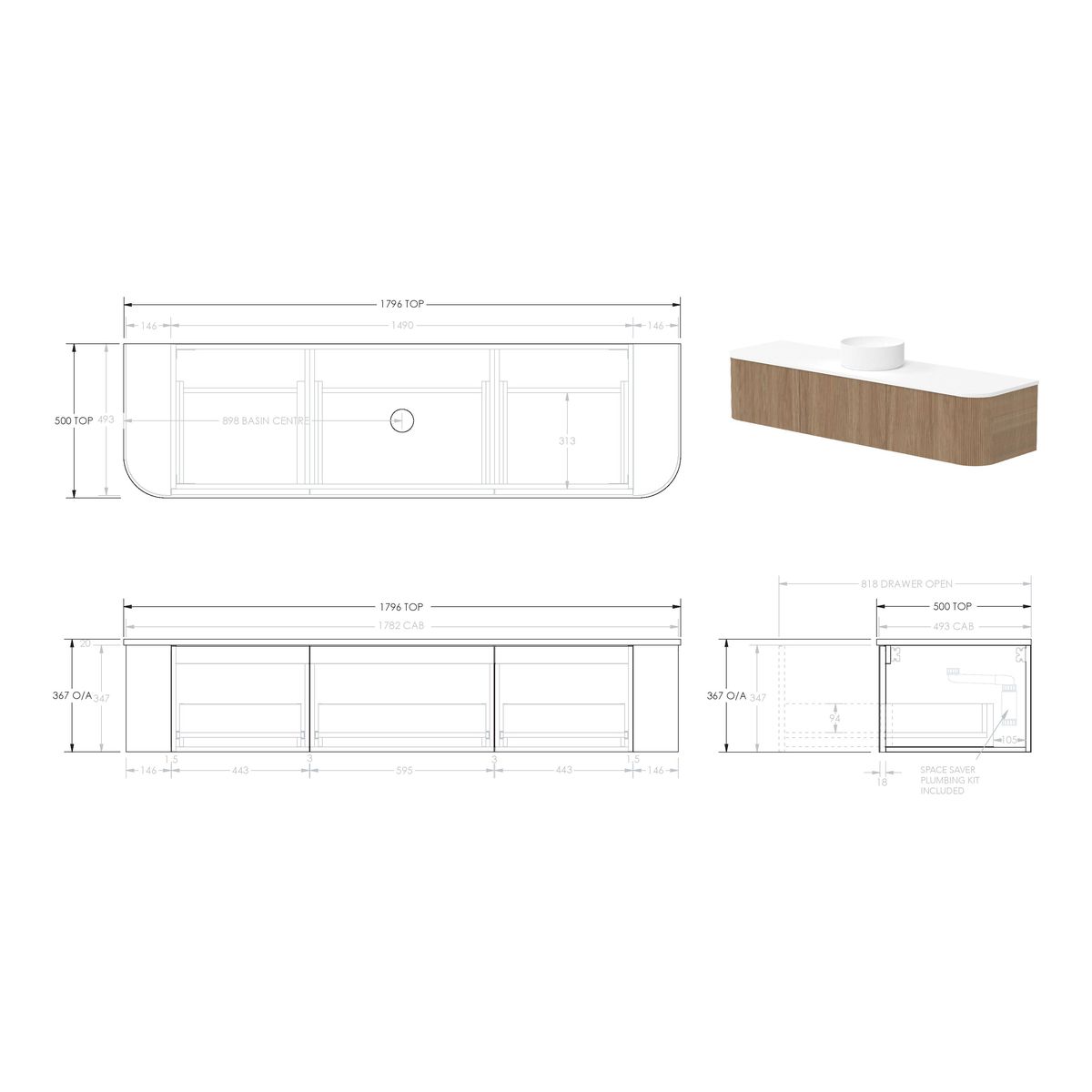 Waverley 1800mm Prime Oak Woodmatt Wall Hung Cabinet, Centre Bowl
