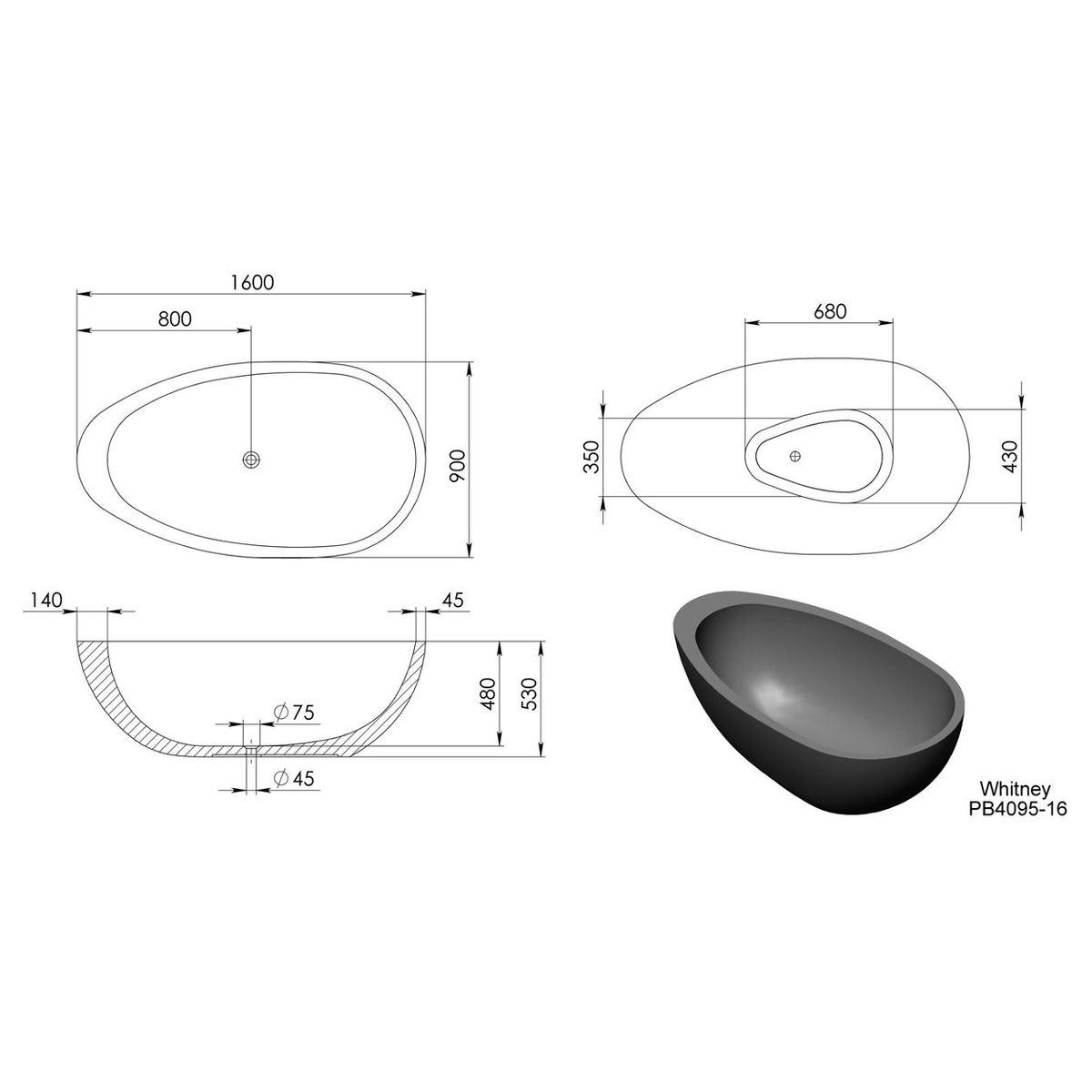 Whitney 1600mm Freestanding Bathtub