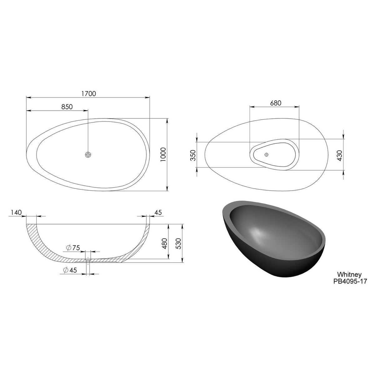 Whitney 1700mm Freestanding Bathtub