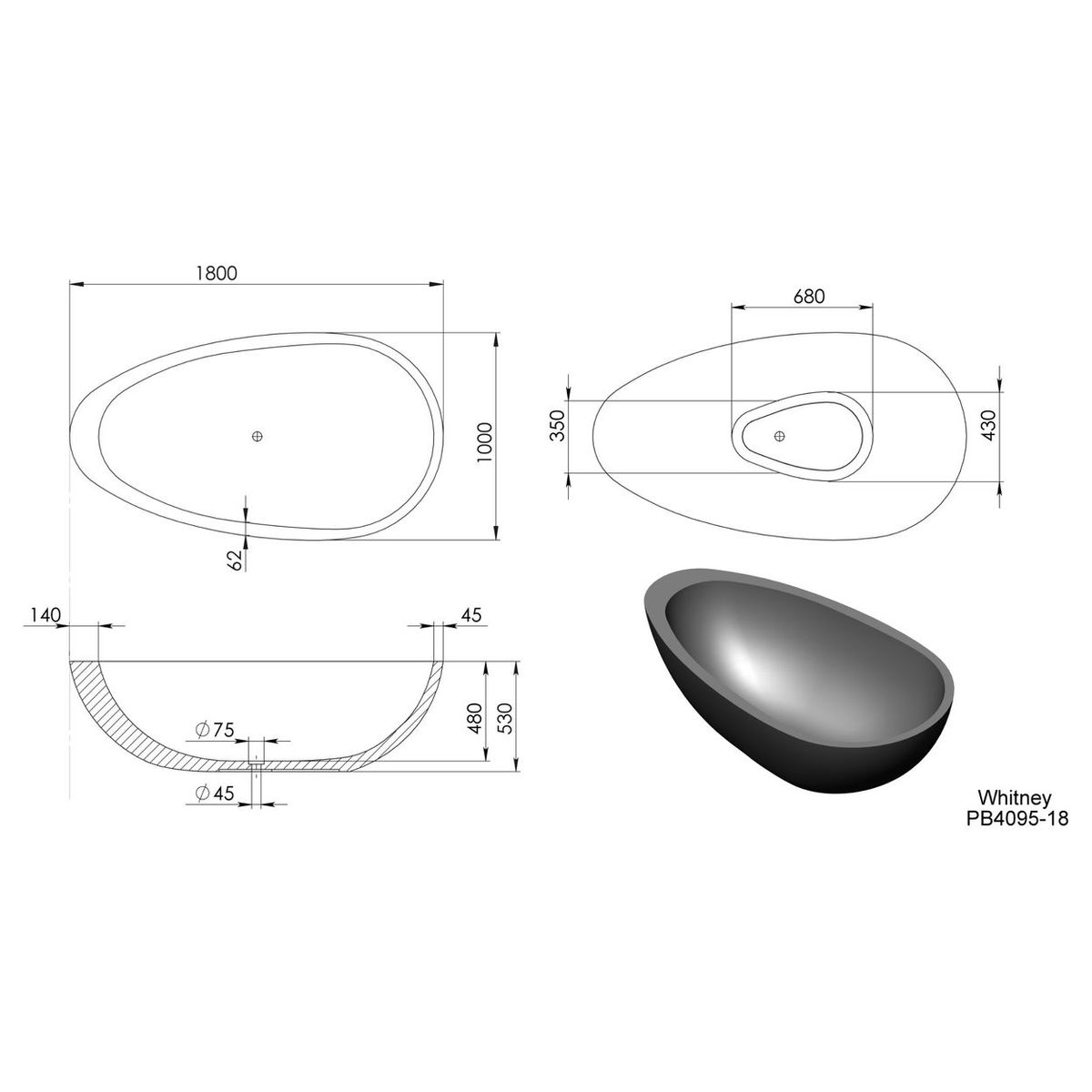 Whitney 1800mm Freestanding Bathtub