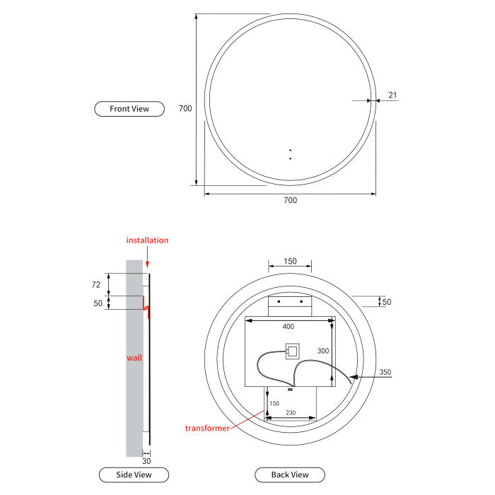 Windsor Round LED Mirror 703x703x36mm - Gun Metal